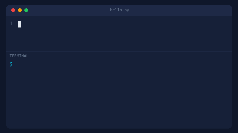 A terminal where a three-line Python program is typed and then run with python hello.py, printing a greeting three times