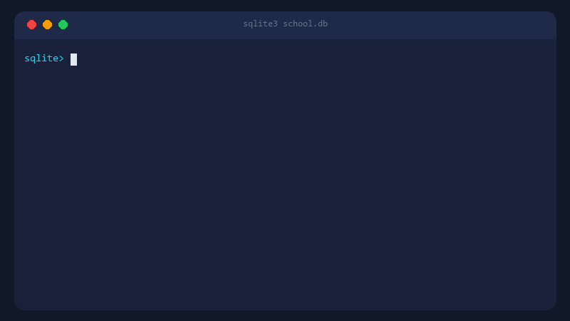 جلسة sqlite3 في الطرفية تنشئ جدول students وتضيف أربعة صفوف، ثم تنفّذ استعلامات SELECT مع WHERE وORDER BY وLIMIT وGROUP BY وتعرض النتائج